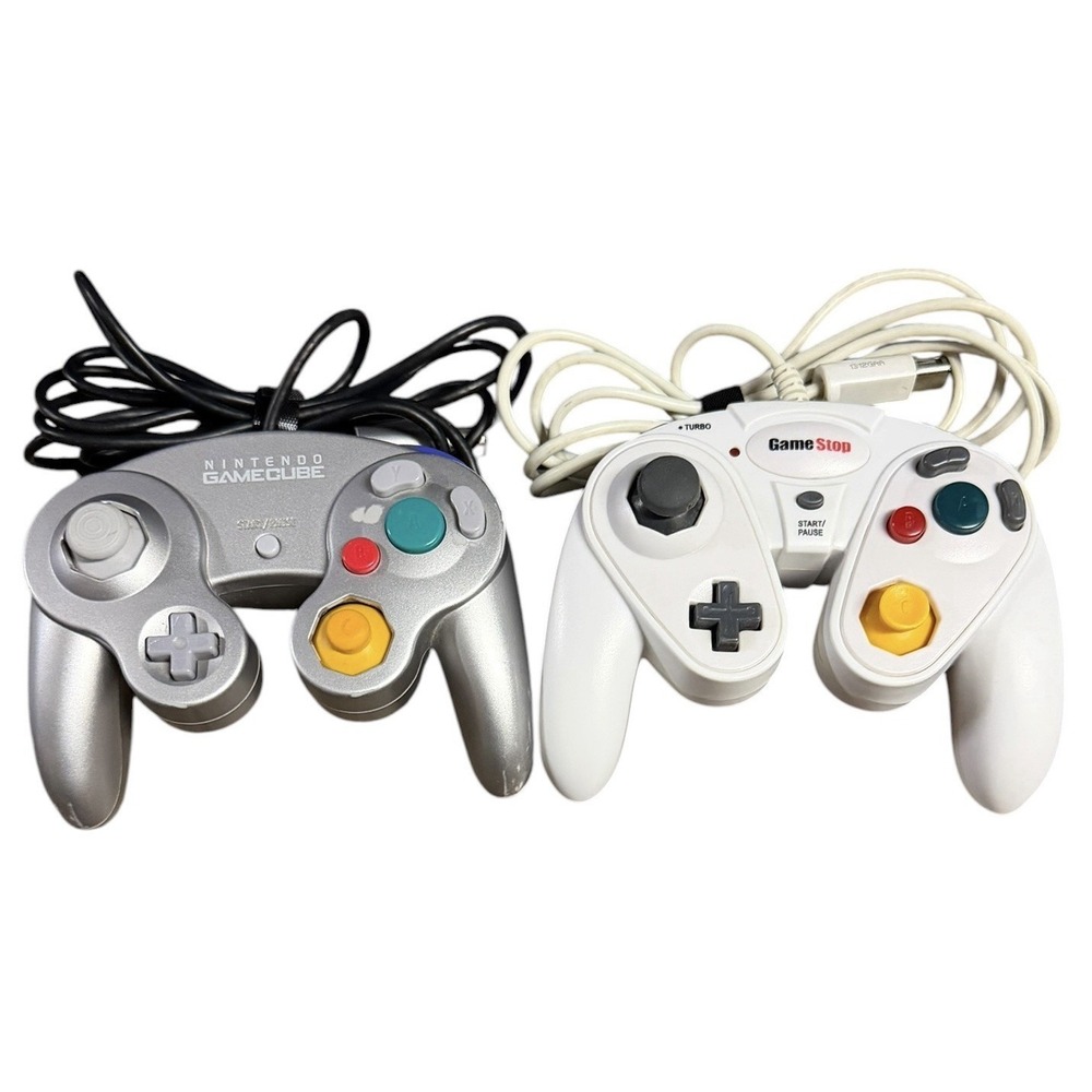 Nintendo GameCube OEM Silver Controller W/Gamestop Turbo Controller Lot (2) READ
